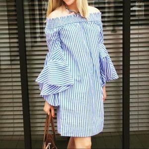 Bell sleeved blue stripe dress